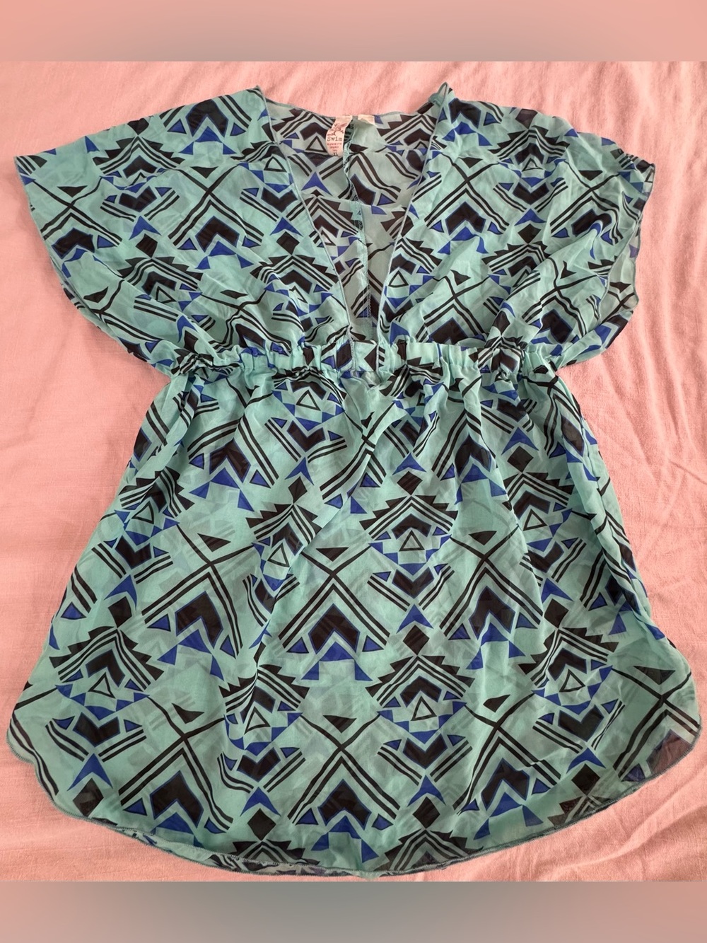 Women’s swimsuit coverup dress, teal and black, sheer, size XL